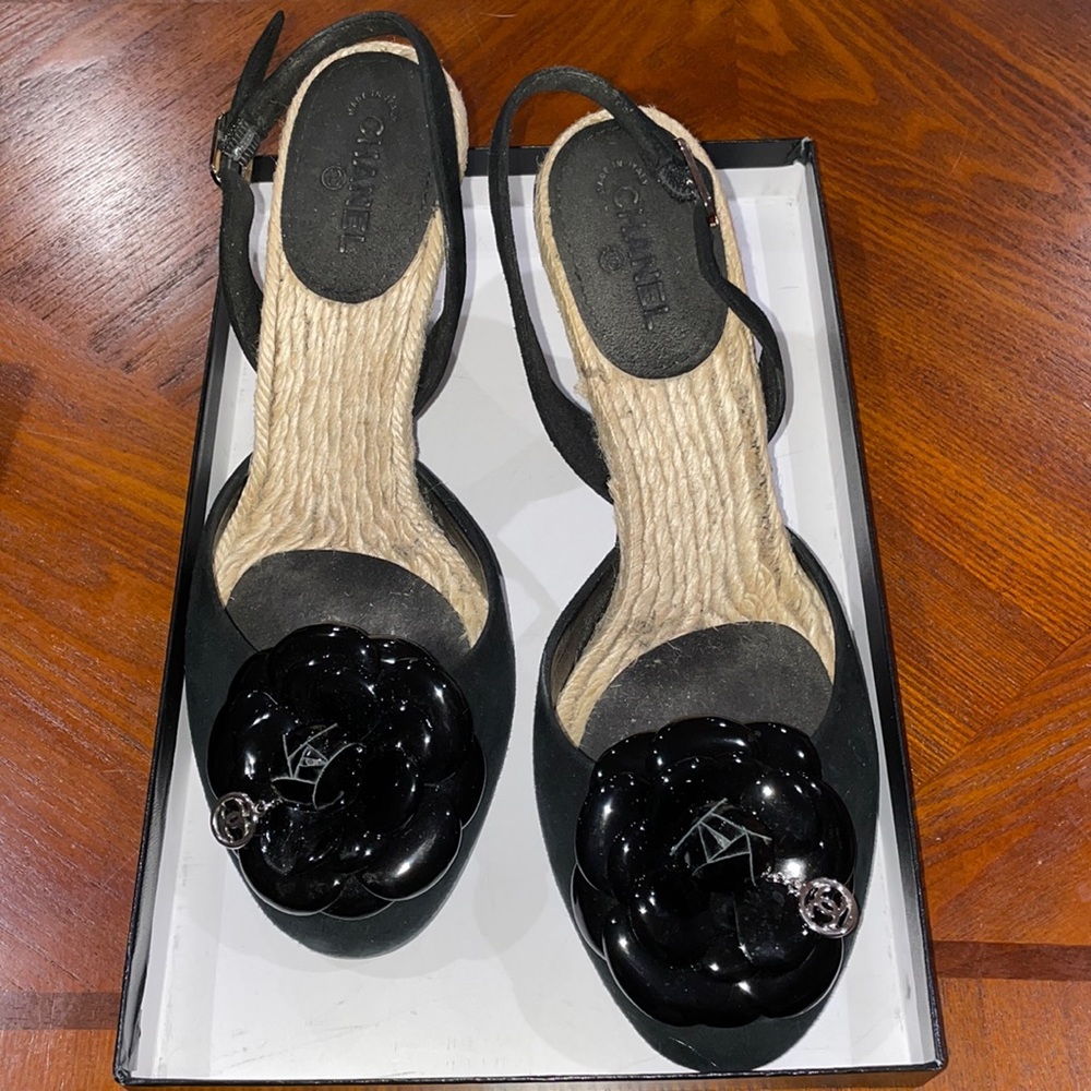 Chanel, black suede with patent leather flower in original box